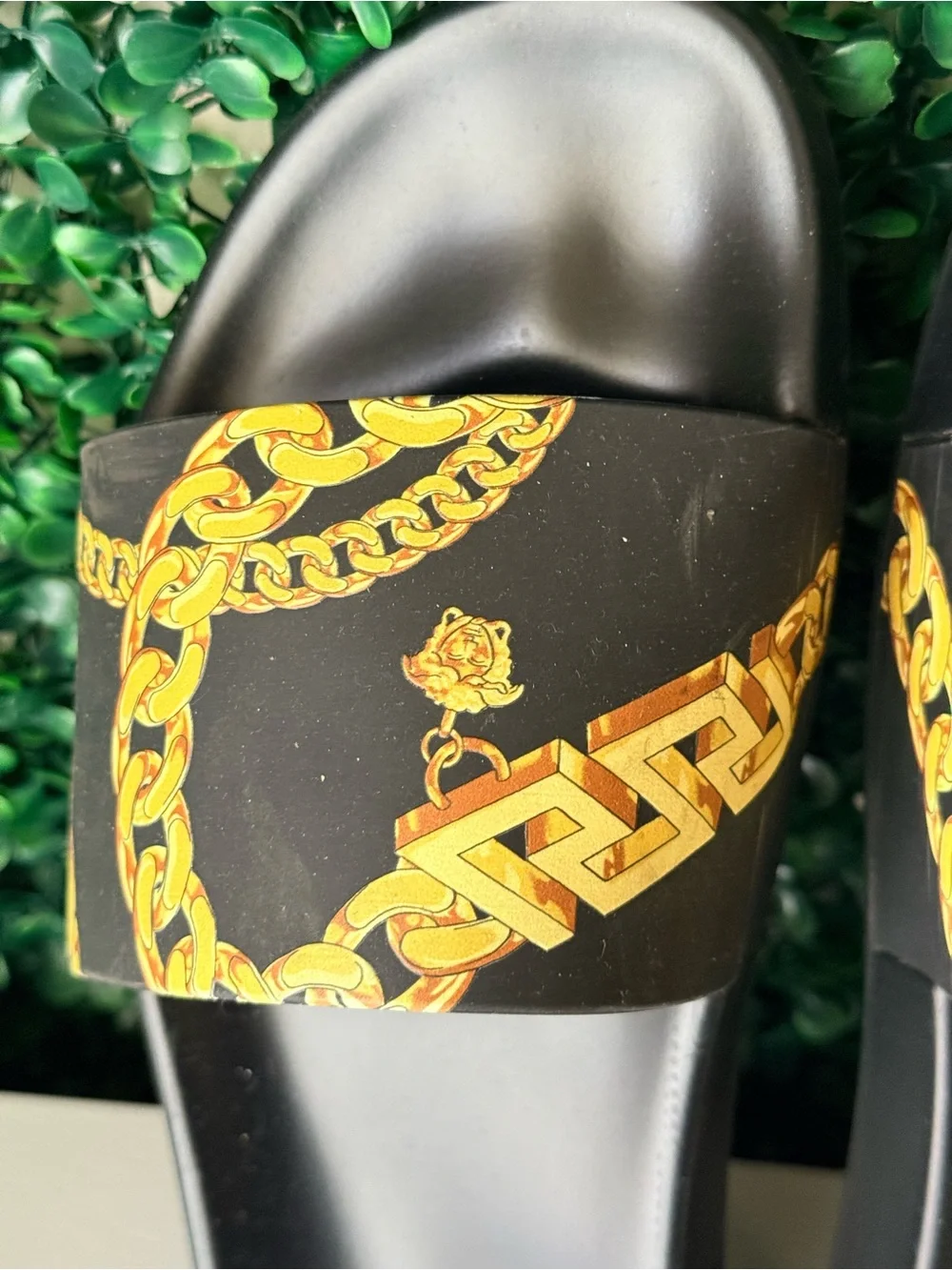 Versace Black & Gold Chain Print Slide Sandals Size 42